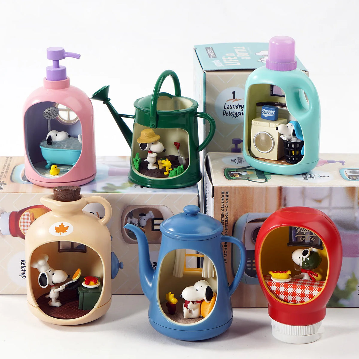 Caja sorpresa Re-Ment Life in A Bottle con figura coleccionable de Snoopy kawaii de estilo japonés — Don Gachapón
